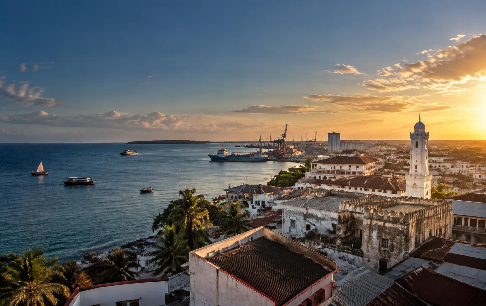 Stone Town and Zanzibar's working waterfront at sunrise